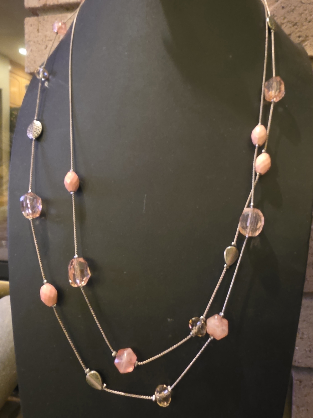 Long Doubled Layered Pink Round Plastic Bead Silver Tone Chain Necklace
